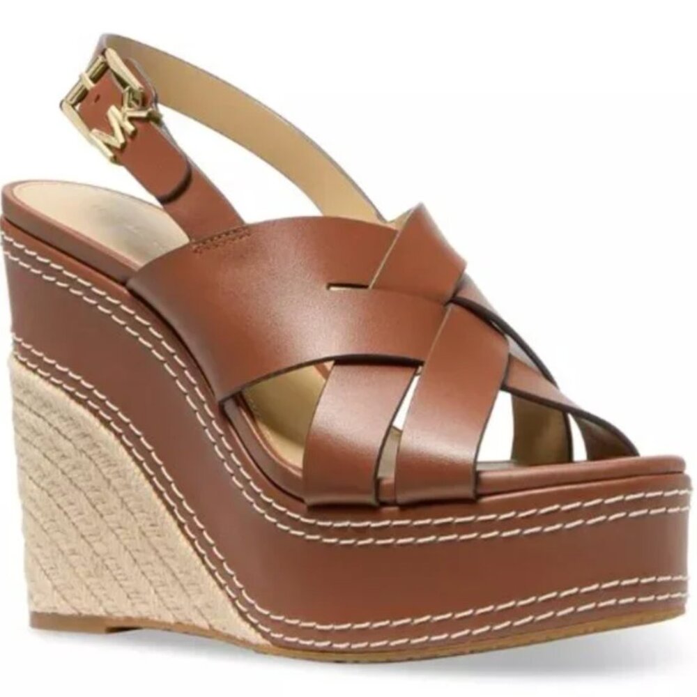 NWT Michael Kors Nora Wedge Leather Sandals 7 MSRP $150 Luggage Floor Model